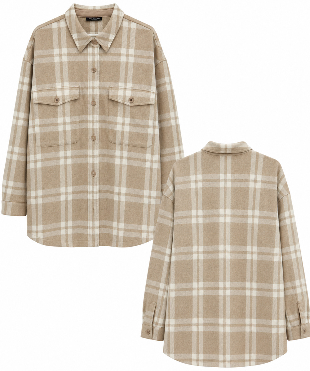 Lane Bryant Plaid Shacket Jacket Beige Cream Oversized Button Front Women’s